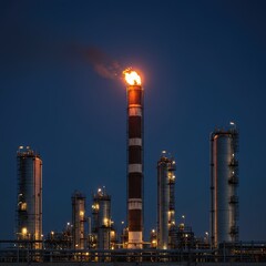 Fototapeta premium A large industrial flare stack burning off excess natural gas waste products in a heavy manufacturing refinery landscape ,resources ,processing ,factory