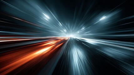 High-speed acceleration motion on a night road with bright sparkling lights, futuristic panoramic technology concept, abstract light trails illustrating fast movement and dynamic innovation