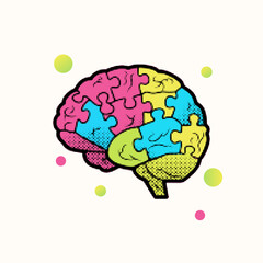 Halftone pop art dot style human brain made of colorful puzzle pieces concept vector illustration