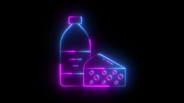neon cheese and milk bottle icon denoting concept of dairy products. Milk product icon animation. Dairy food icon. different cheese types like cheddar and milk bottle symbol. 4k video animation