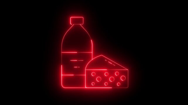 neon cheese and milk bottle icon denoting concept of dairy products. Milk product icon animation. Dairy food icon. different cheese types like cheddar and milk bottle symbol. 4k video animation
