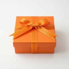 Orange gift box with ribbon, isolated on white background