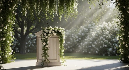 Elegant floral arrangement adorns a podium in a sun-drenched garden setting