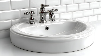 Pristine White Ceramic Sink with Ornate Chrome Faucet and Glossy Subway Tiles