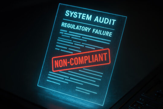 System audit non-compliant regulatory failure compliance warning A glowing holographic audit report stamped NON-COMPLIANT conveys urgency and concern urging corrective action and