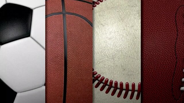Quad-sport collage featuring soccer, basketball, baseball, and a red leather texture close-up. vivid