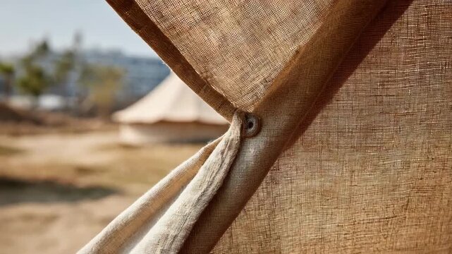 Medium shot of ecofriendly tent fabric made from natural hemp fibers highlighting its durability and texture for sustainable outdoor shelters.