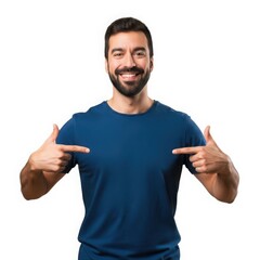 Man in blue t-shirt giving thumbs up isolated on white background