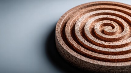Close-up of a spiral-shaped cinnamon-colored incense or aromatic wax candle with detailed pattern and textured surface on smooth gray background