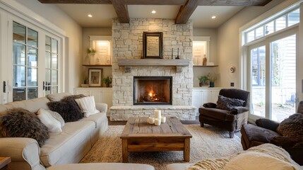 Home living room interior wide view fireplace seating