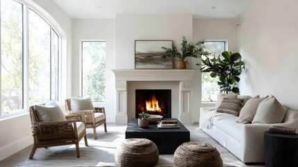 Cozy minimal living room wide view fireplace natural light
