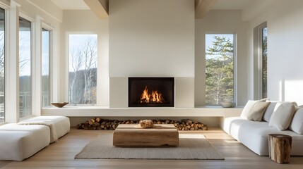Cozy minimal living room wide view fireplace natural light
