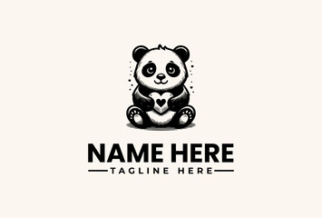 A black and white illustration of a panda bear sitting with a customizable logo and tagline on a plain beige background, featuring a vector graphic design with a simple icon style.