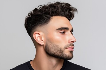 Obraz premium Profile view of a man showcasing a modern hairstyle with a fade. The clean lines and texture highlight contemporary grooming trends.