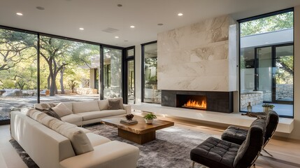 Contemporary home living room wide view natural light fireplace