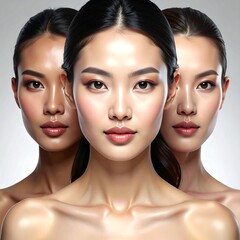 Three women with different skin tones, close-up
