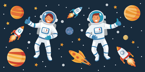 Two astronauts cheerfully exploring space among planets and rockets © Provhash