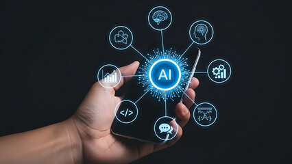 Hand interacting with futuristic artificial intelligence interface of glowing digital icons and data streams