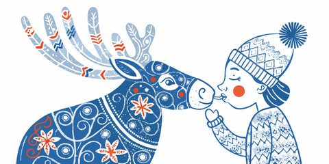 A tender moment child gently kisses a decorated reindeer s nose © Provhash
