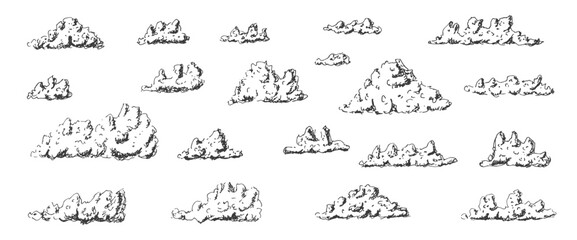 Clouds doodle set. Vintage ink illustrations of fluffy weather elements. Retro vector art with freehand outlines, perfect for nature designs and artistic projects. Handmade cloud on air.