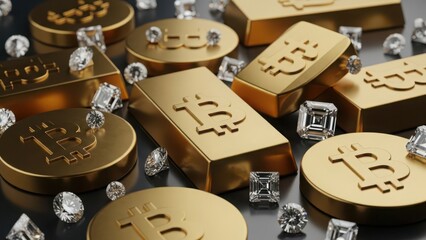 Golden bitcoin and cryptocurrency coins with diamonds
