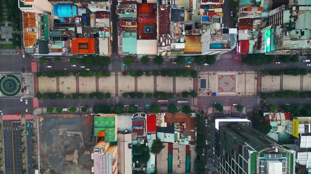 Nguyen Hue walking street aerial drone view, tourist attraction of asian Ho Chi Minh city, Vietnam 4k