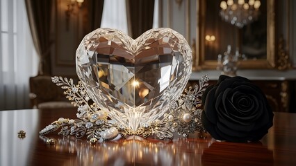 Fototapeta premium A heart shaped christmas decoration on a table with a black rose and gold ornaments
