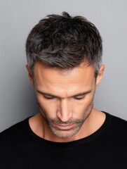 Obraz premium A close-up portrait of a man with short gray hair and a beard, wearing a black shirt. The image conveys a calm and introspective mood.