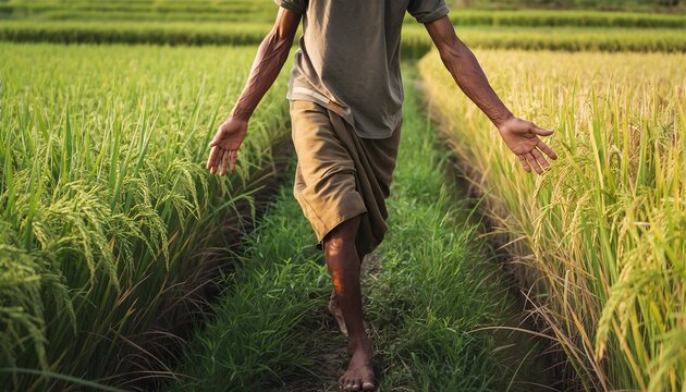 Barefoot farmer walks through vibrant green and golden rice paddies, deeply connected to the land