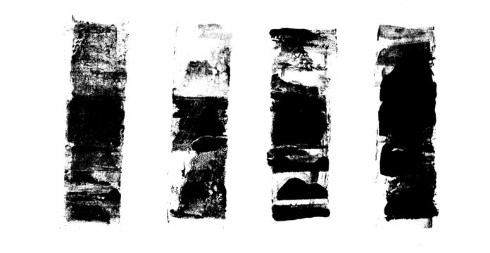 Ink brush stroke grunge underlines. Linocut rolled lines set. Handmade ink rectangle rough stamps. Vector black paint streaks shapes. Graffiti punk rock brayer smear textures Distressed figures.