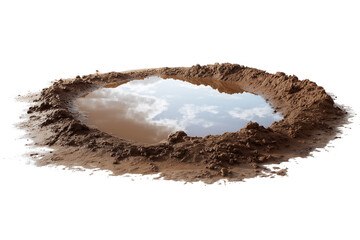 A small puddle of water reflecting the sky and clouds, surrounded by dark brown earth