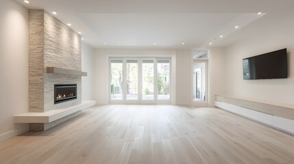 Bright minimal living room wide angle fireplace
