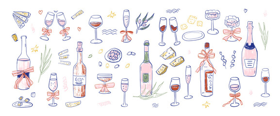 Sketch whimsical wine bottles, glasses crayon elements. Colorful doodle cocktails summer illustrations for bar menu, birthday celebration. Tasting event scribble illustration. Vector wineglasses.