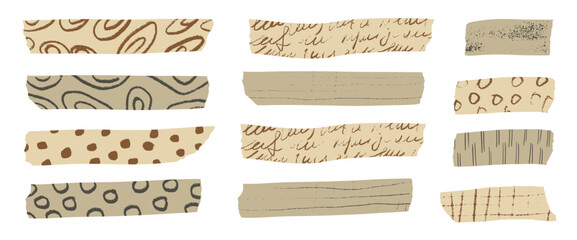 Handmade washi tape collection with decorative paper strips, sticky masking elements, and vintage scrapbook stickers for creative craft projects and journal decoration. Vector beige tags isolated.