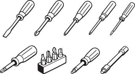 Obraz premium Screwdrivers And Fastening Tools Line Art Set eps