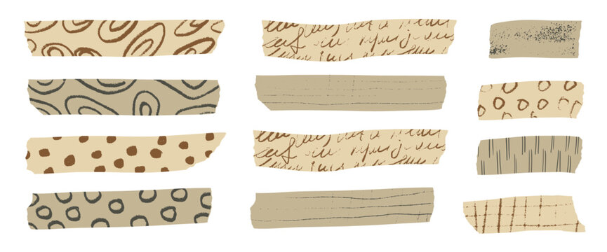 Handmade washi tape collection with decorative paper strips, sticky masking elements, and vintage scrapbook stickers for creative craft projects and journal decoration. Vector beige tags isolated.