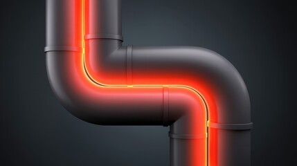 Futuristic design of black pipes with glowing red accents forming a sharp corner bend in a modern industrial environment