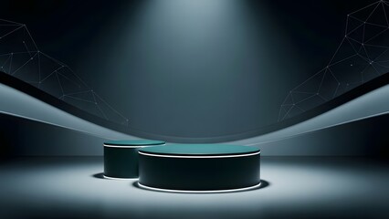 A modern dark stage with a spotlight shining down on a circular platform