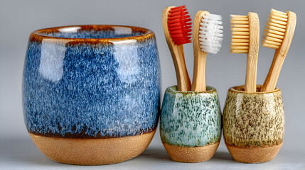 Textured Glazed Ceramic Bathroom Set with Eco-Friendly Bamboo Toothbrushes and Colorful Bristles