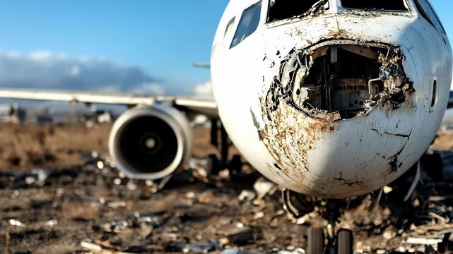 Airplane disaster moment: burning engine, metal wreckage, tragic scene, smoky horizon, blazing debris, emergency descent, shattered fuselage, chaotic aftermath, survival struggle,