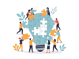 Teamwork assembling light bulb puzzle for innovation and creative solutions