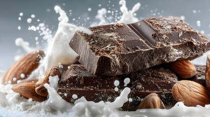High-Speed Shot: Rough Dark Chocolate Chunks & Almonds in Dynamic Milk Splash