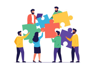 Diverse Team Collaborating to Assemble a Jigsaw Puzzle Representing Business Solutions