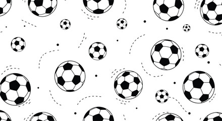 Black and white soccer ball seamless pattern with hand drawn motion lines, minimalist football background vector illustration © Sumon Creative