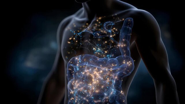 An abstract, glowing representation of gut flora swirling inside a stylized human silhouette, showcasing balance, immunity, and digestive health through color-coded microbial networks &mdash; health