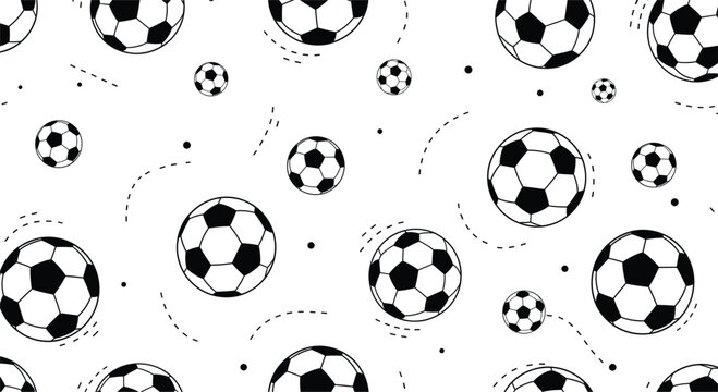 Black and white soccer ball seamless pattern with hand drawn motion lines, minimalist football background vector illustration