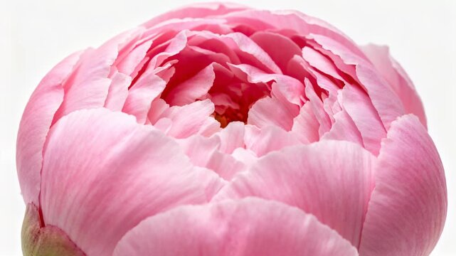 time lapse,Growing Blossom,  single, fully bloomed pink peony flower is displayed against white background, revealing its layered petals and delicate beauty, evoking elegance and natural charm, romant