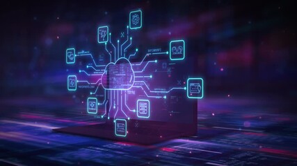 Cloud computing data network connecting laptop with various services - Powered by Adobe