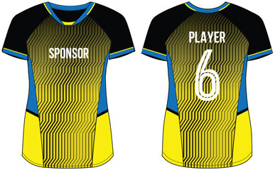 Women Sports Jersey t-shirt design Flat sketch Illustration, abstract degrade stripe pattern V Neck t shirt for Ladies Volleyball jersey, Football, badminton, Soccer and netball, Sport uniform kit