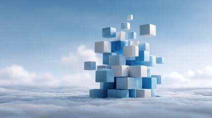 Abstract composition of floating geometric cubes in shades of blue against a soft, cloudy background evoking a sense of tranquility and creativity